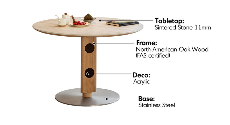 Scandinavian Oak Wood Sintered Stone Round Dining Table TIMELESS Material Details Chart