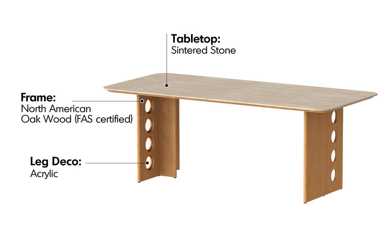 Scandinavian Oak Wood Sintered Stone Dining Table TIMELESS Material Details Chart