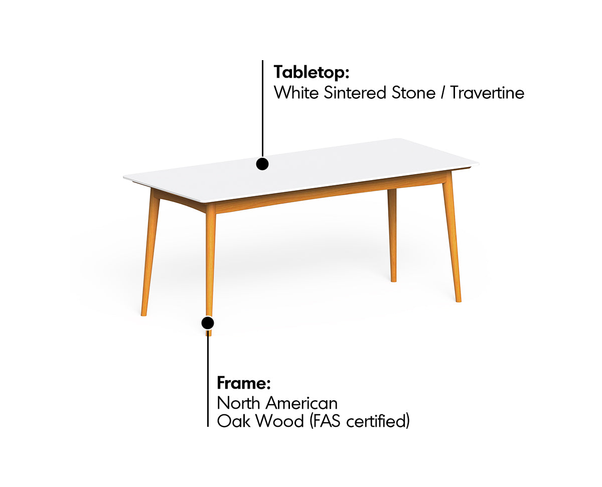 Scandinavian Oak Wood Sintered Stone Dining Table GREEN Material Details Chart