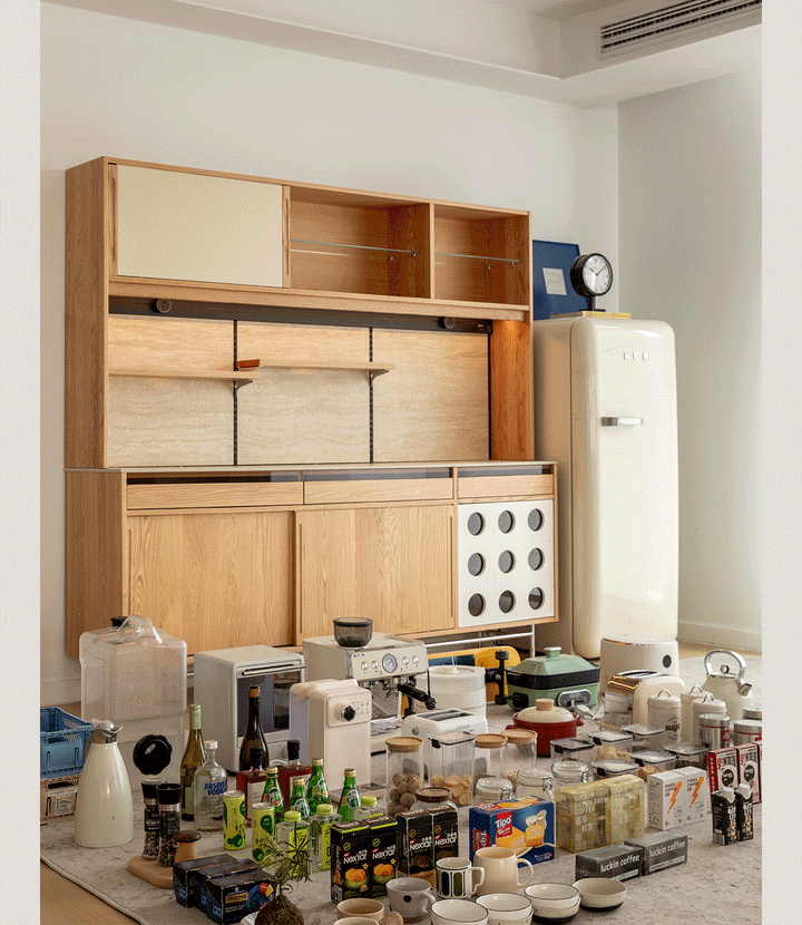 Scandinavian oak wood sintered stone storage side cabinet timeless in details.