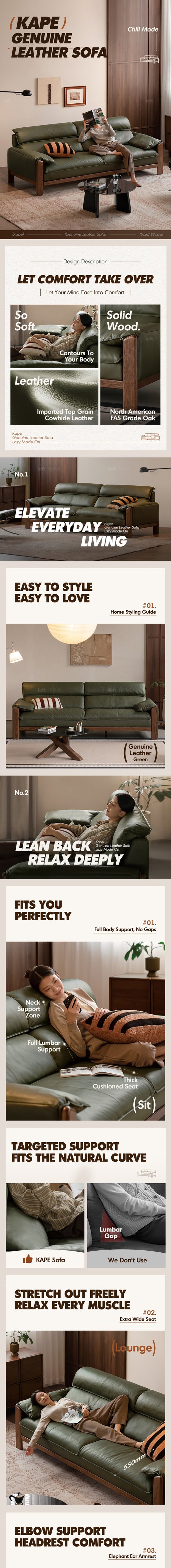 Japandi Oak Wood Genuine Leather 4 Seater Sofa KAPE Good to Know Preview-1