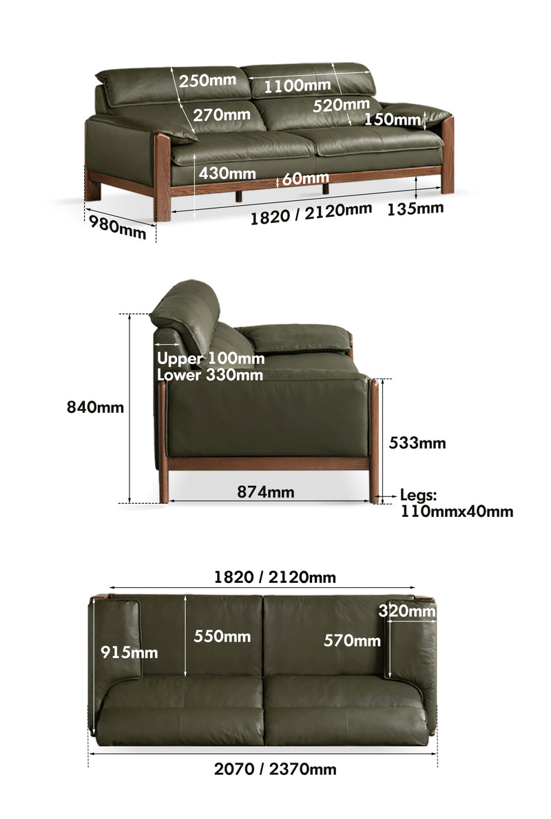 Japandi Oak Wood Genuine Leather 3 Seater Sofa KAPE Size Chart