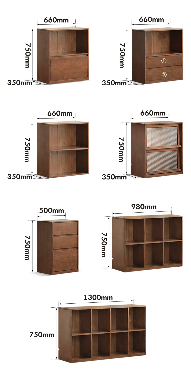 Japandi Oak Wood Modular Bookshelf BLOG Size Chart