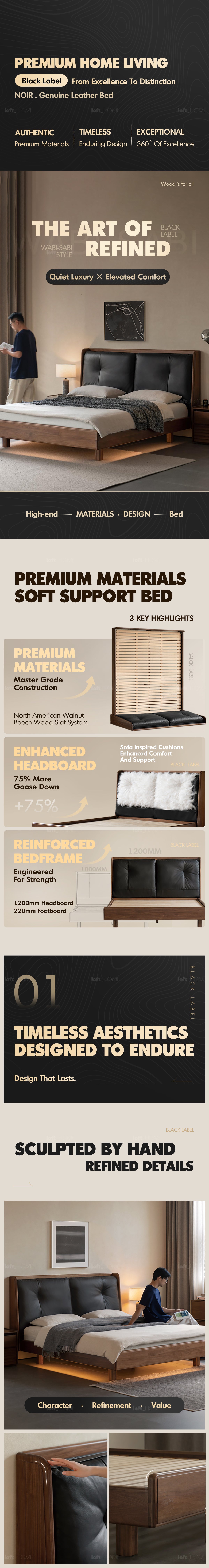 Japandi Walnut Wood Genuine Leather Bed NOIR Good to Know - 1