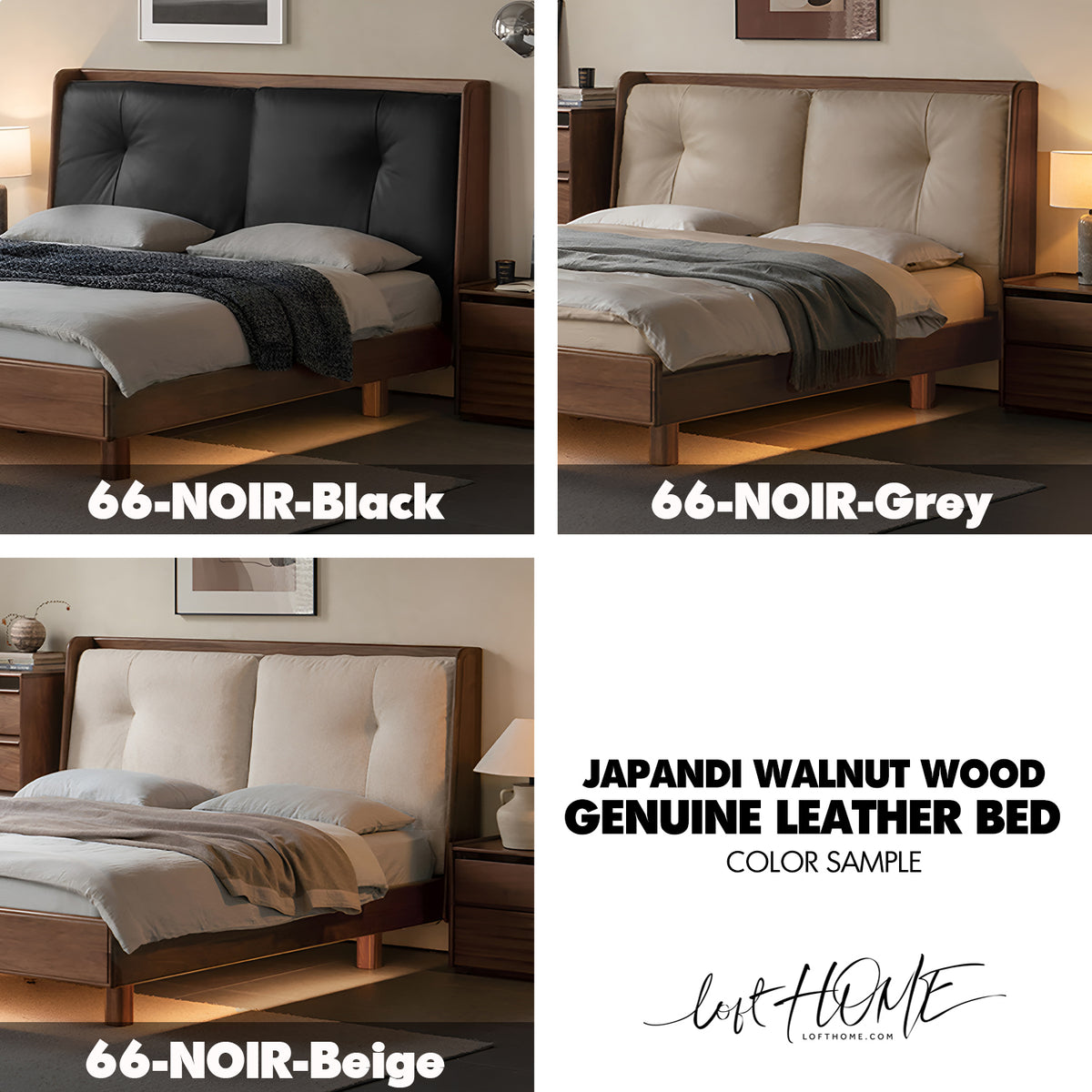 Japandi Walnut Wood Genuine Leather Bed NOIR Color Swatches