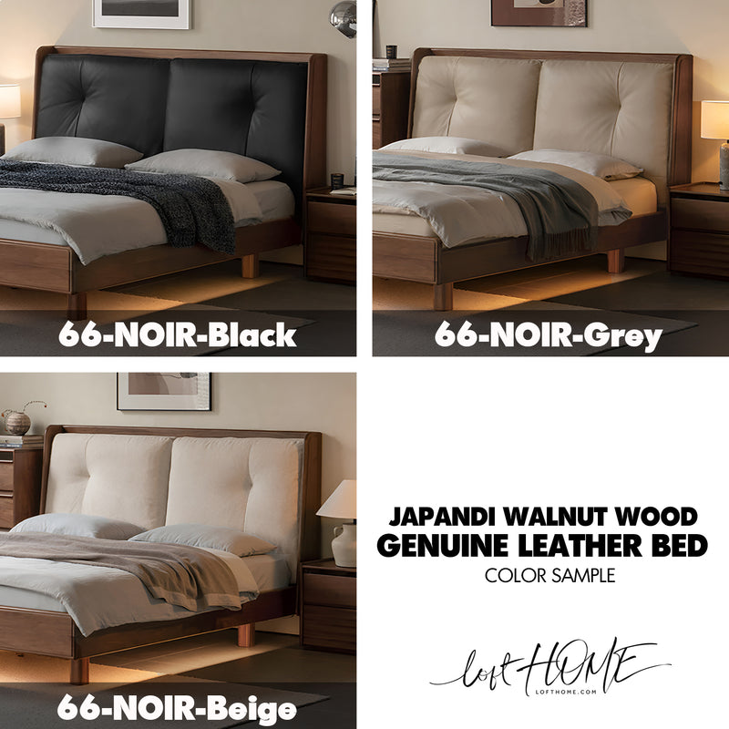 Japandi Walnut Wood Genuine Leather Bed NOIR Color Swatches