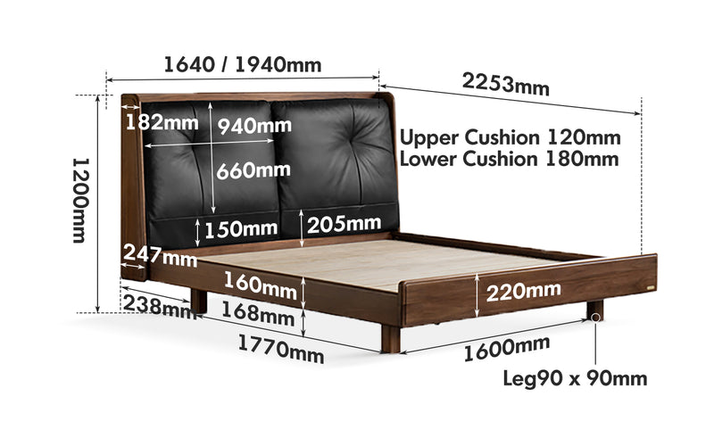 Japandi Walnut Wood Genuine Leather Bed NOIR Size Chart