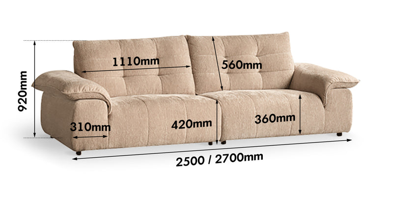 Cream Chenille Velvet Fabric 4 Seater Sofa COCONUT Size Chart