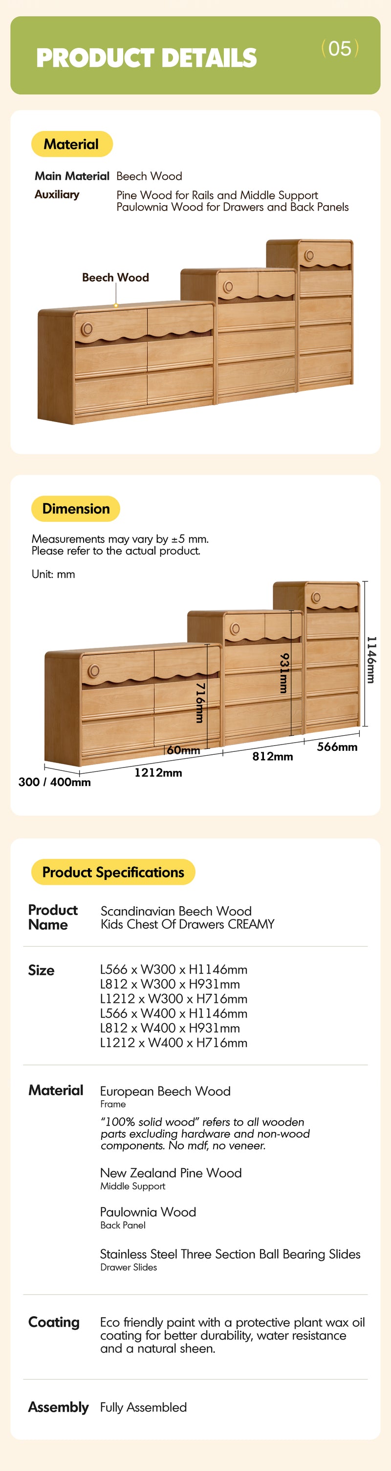 Scandinavian Beech Wood Kids Chest Of Drawers CREAMY More Details and Instruction_6