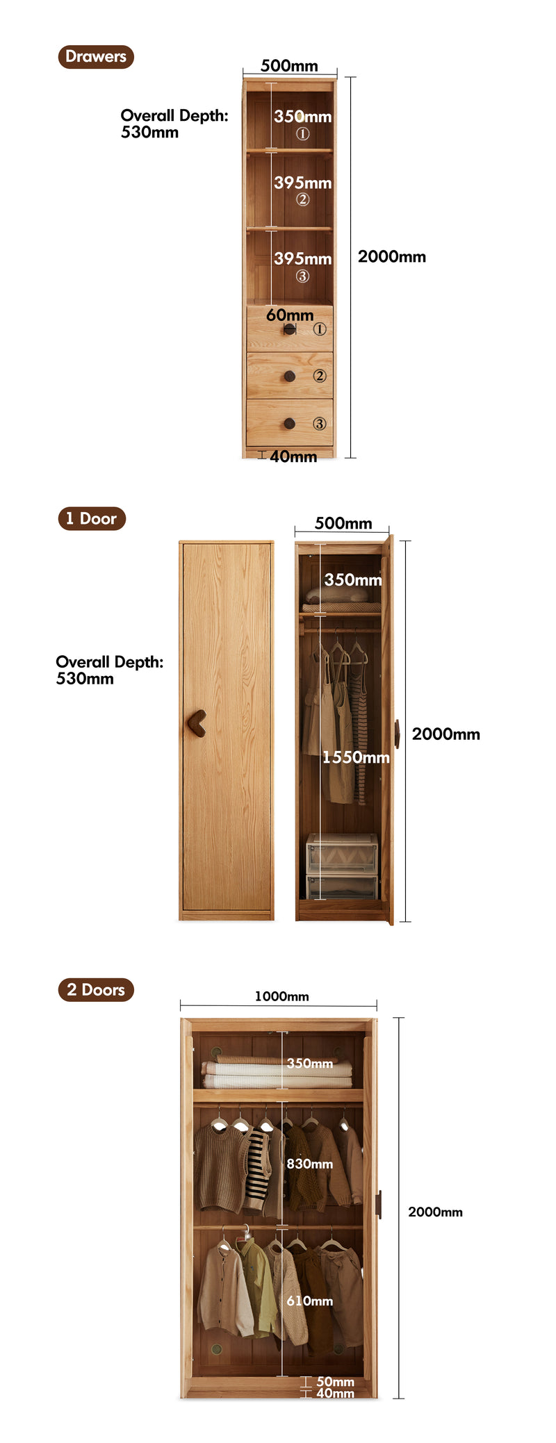 Scandinavian Oak Wood Kids Wardrobe COOKIE Size Chart