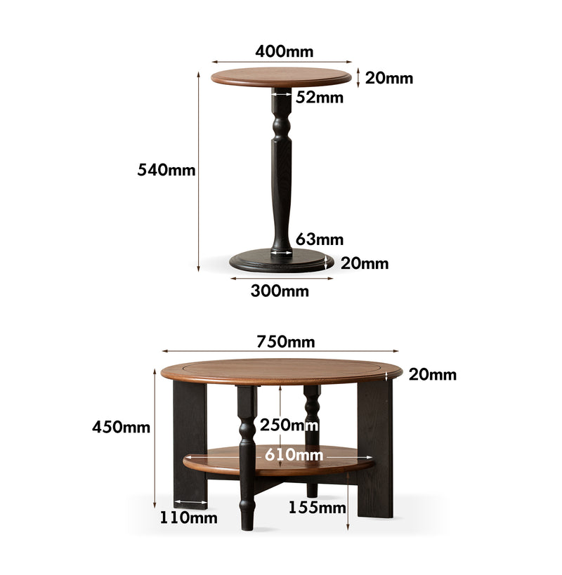 Japandi Ash Wood Coffee Table Set MONA Size Chart