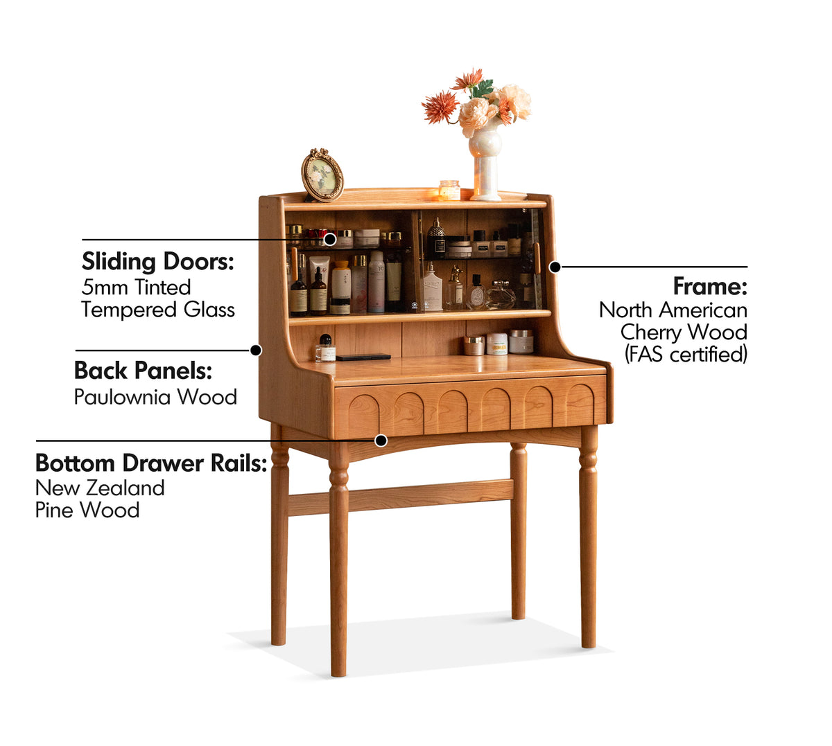 Vintage Cherry Wood Dressing Table ANNA Material Details Chart