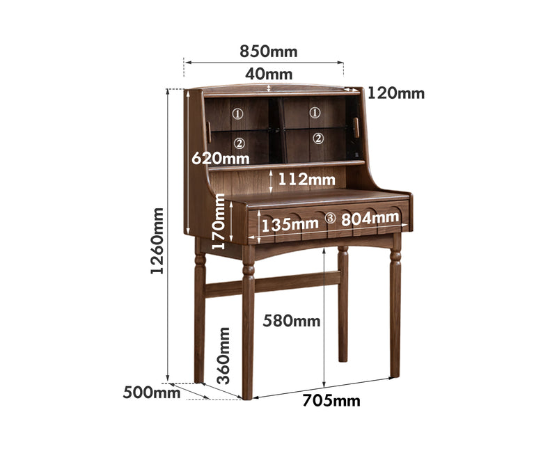 Japandi Walnut Wood Dressing Table ANNA Size Chart