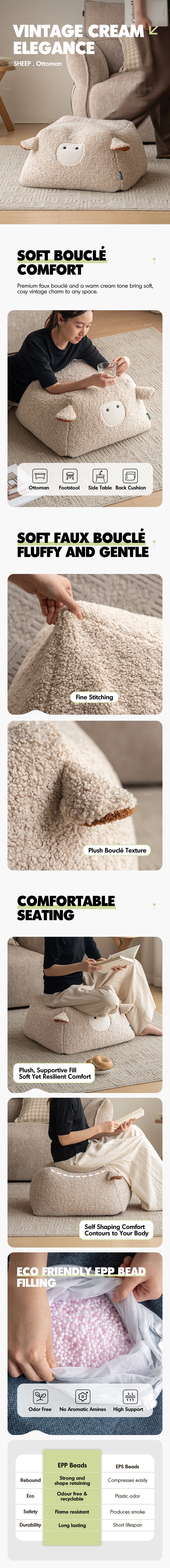 Cream Boucle Fabric Ottoman SHEEP More Details and Instruction