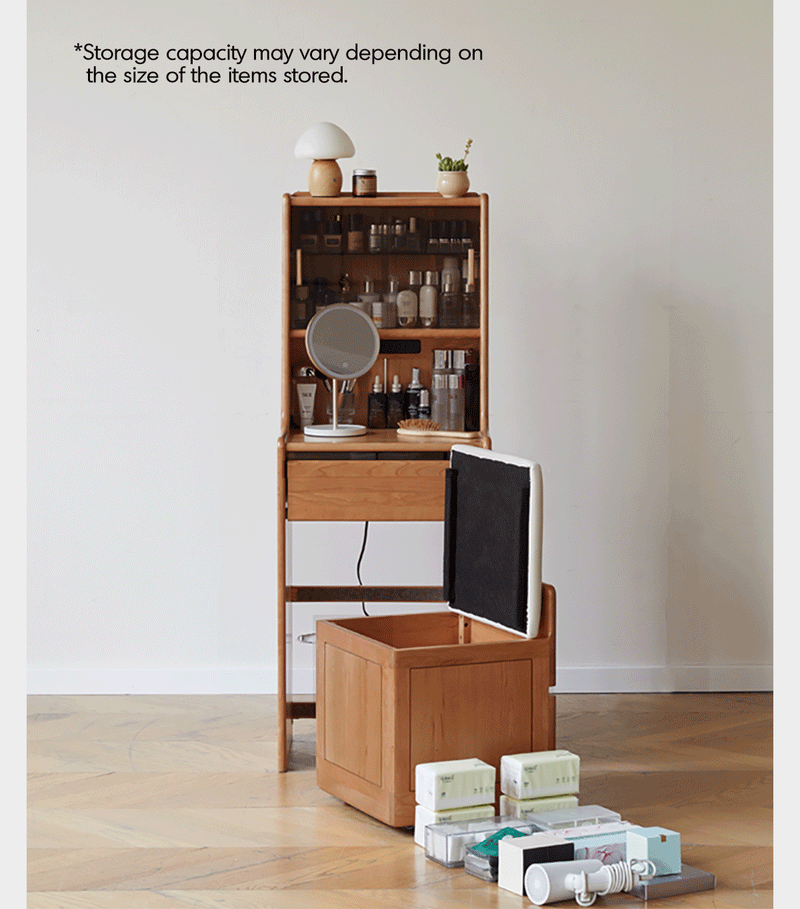 Scandinavian cherry wood dressing table with stool soulmate in panoramic view.