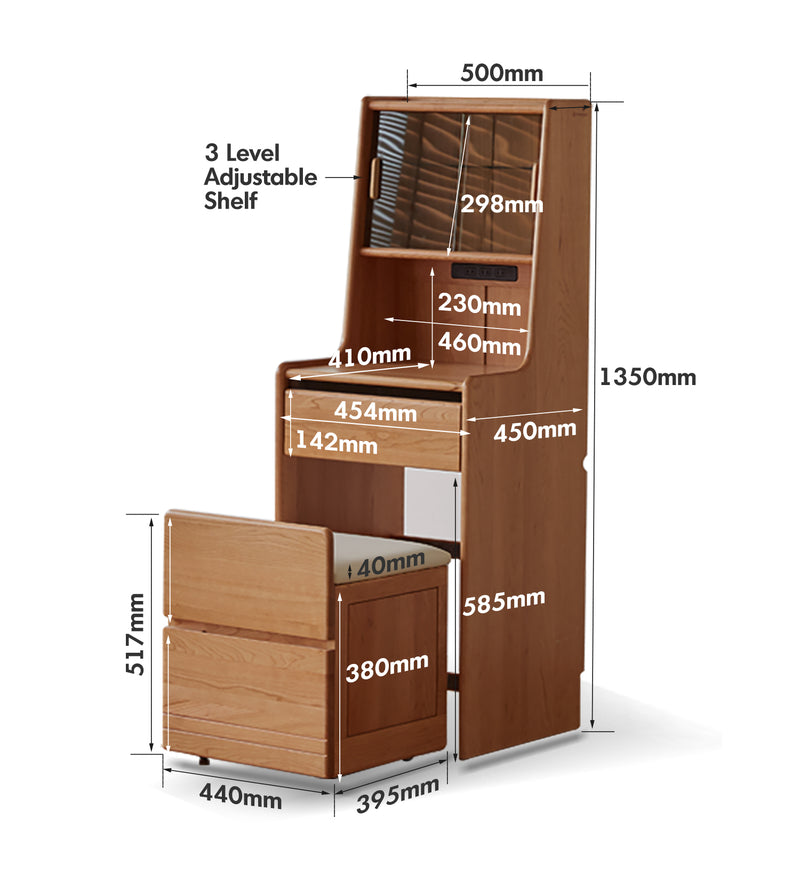 Scandinavian Cherry Wood Dressing Table With Stool SOULMATE Size Chart