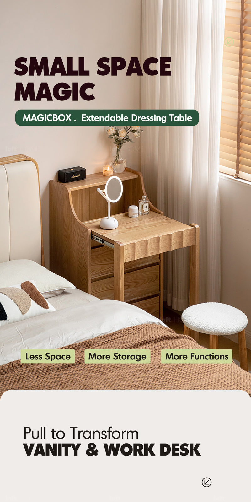Scandinavian Oak Wood Extendable Dressing Table MAGICBOX More Details and Instruction
