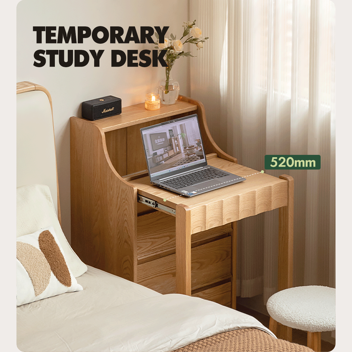 Scandinavian oak wood extendable dressing table magicbox in panoramic view.