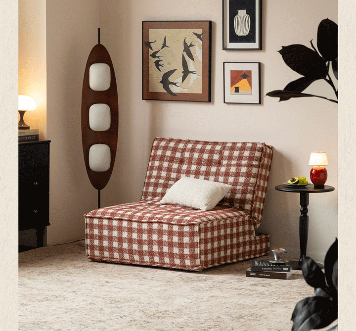 Bauhaus chenille velvet fabric 1 seater sofa bed drift in panoramic view.