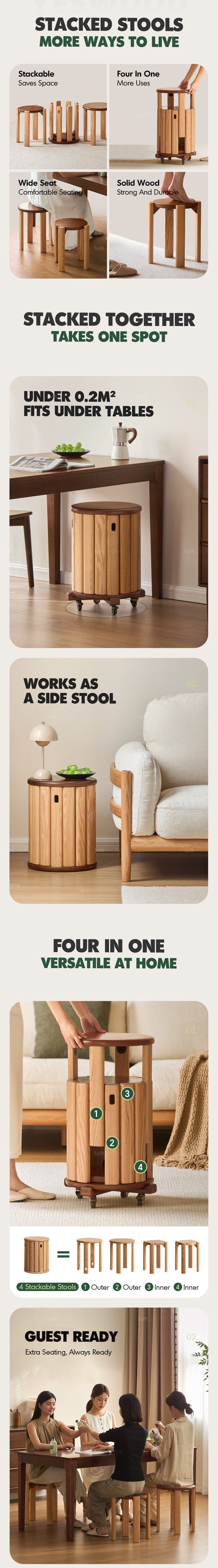 Scandinavian Oak Wood Stackable Stool With Wheels FRIDAY More Details and Instruction_2