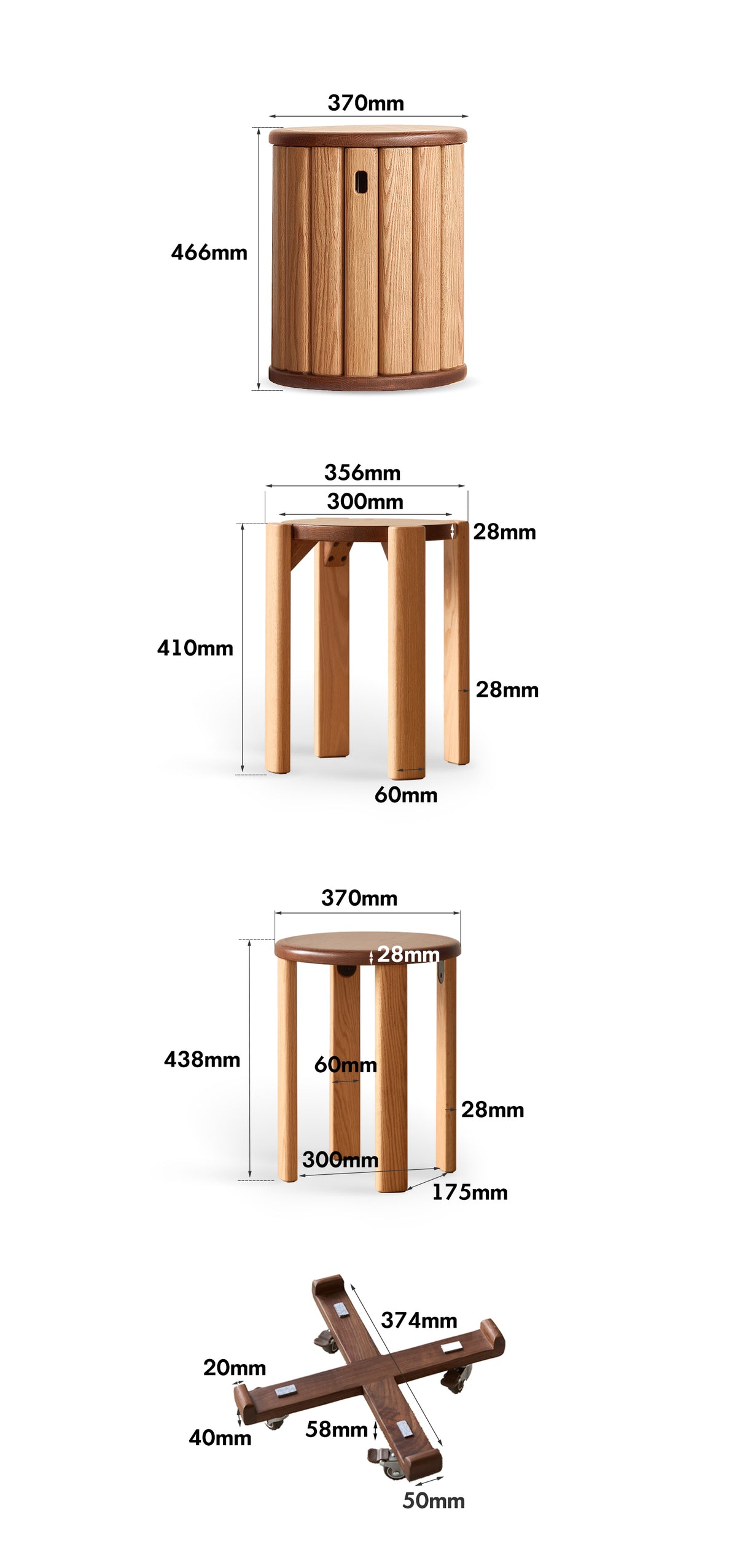 Scandinavian Oak Wood Stackable Stool With Wheels FRIDAY Size Chart