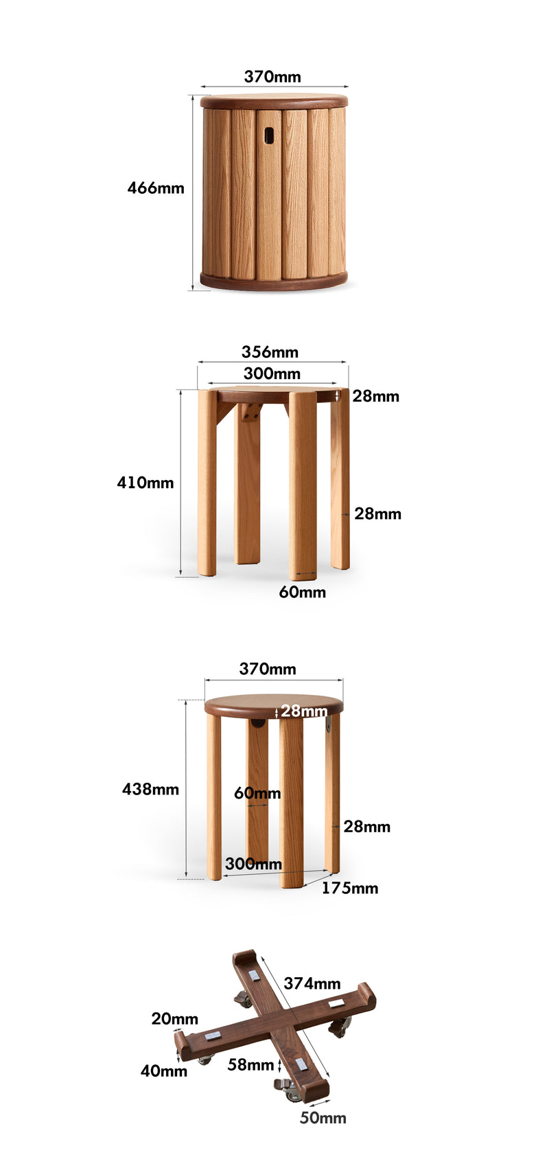 Scandinavian Oak Wood Stackable Stool With Wheels FRIDAY Size Chart