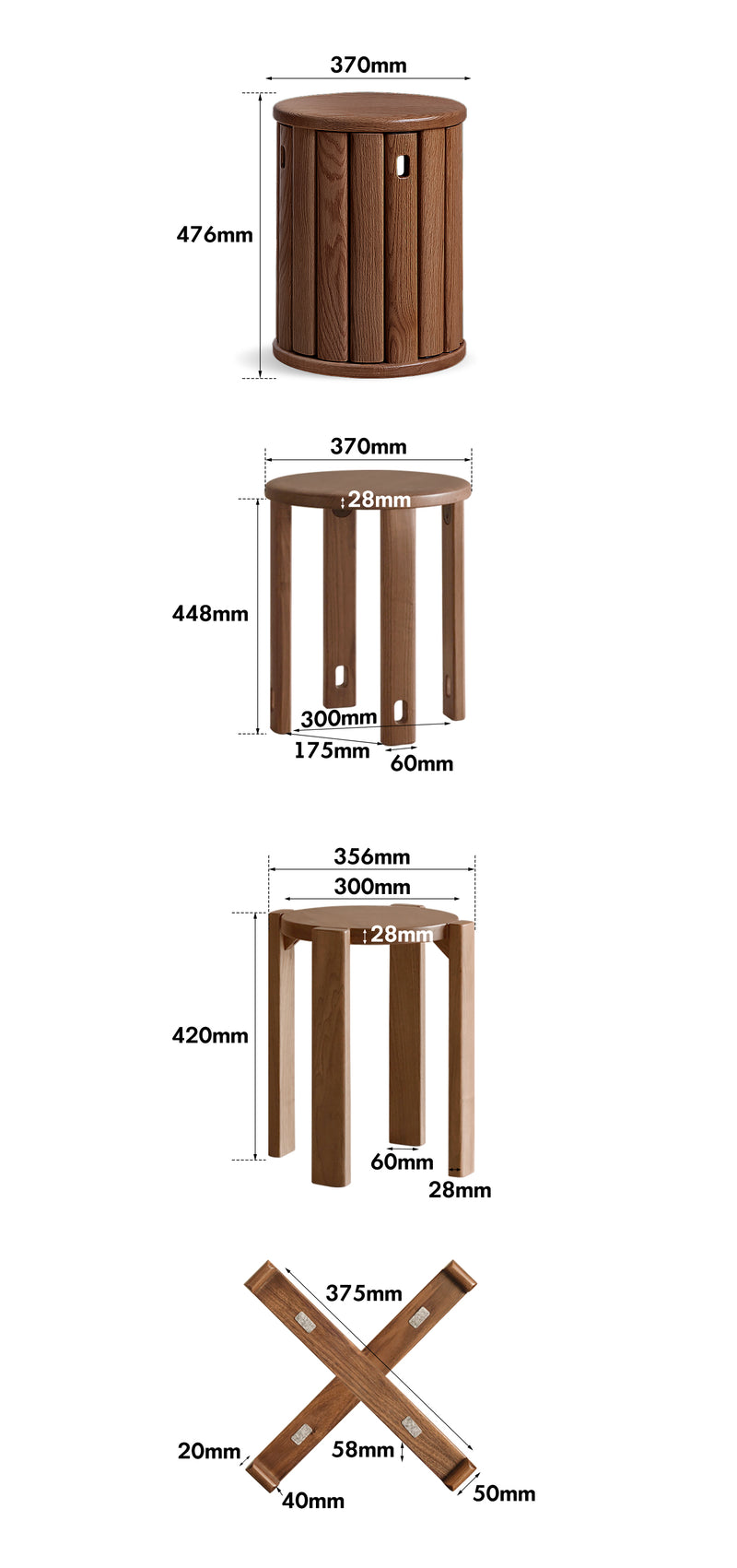 Japandi Rubber Wood Stackable Stool With Wheels FRIDAY Size Chart