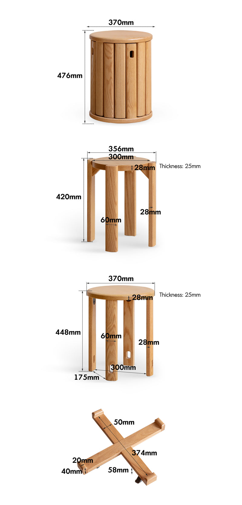 A bamboo side table shown with multiple dimension callouts and measurements on a white background, including top diameter, height, leg depth, and folded cross-section dimensions.