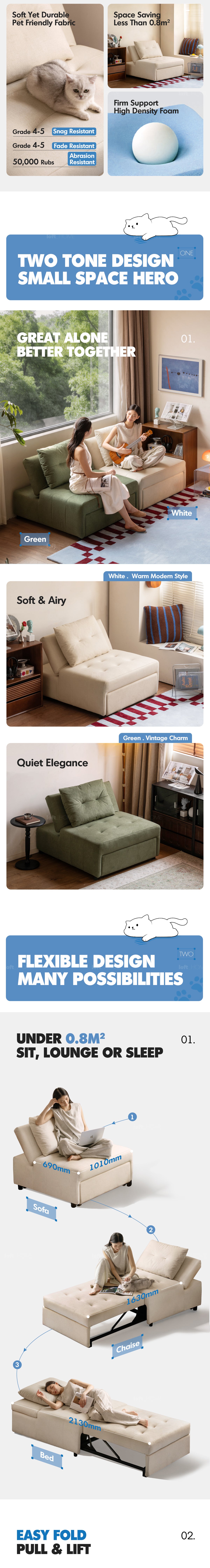 Modern Cat Scratch Resistant Fabric 1 Seater Sofa Bed MACARON More Details and Instruction_3