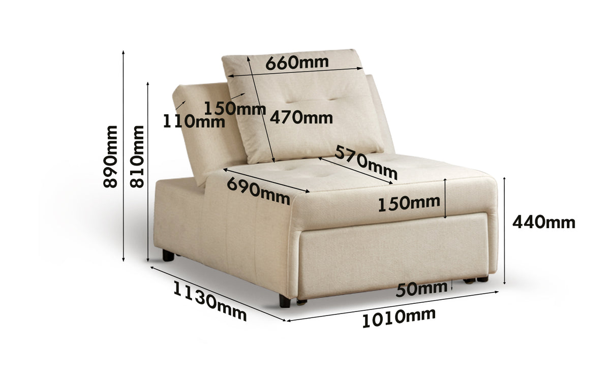 Modern Cat Scratch Resistant Fabric 1 Seater Sofa Bed MACARON Size Chart