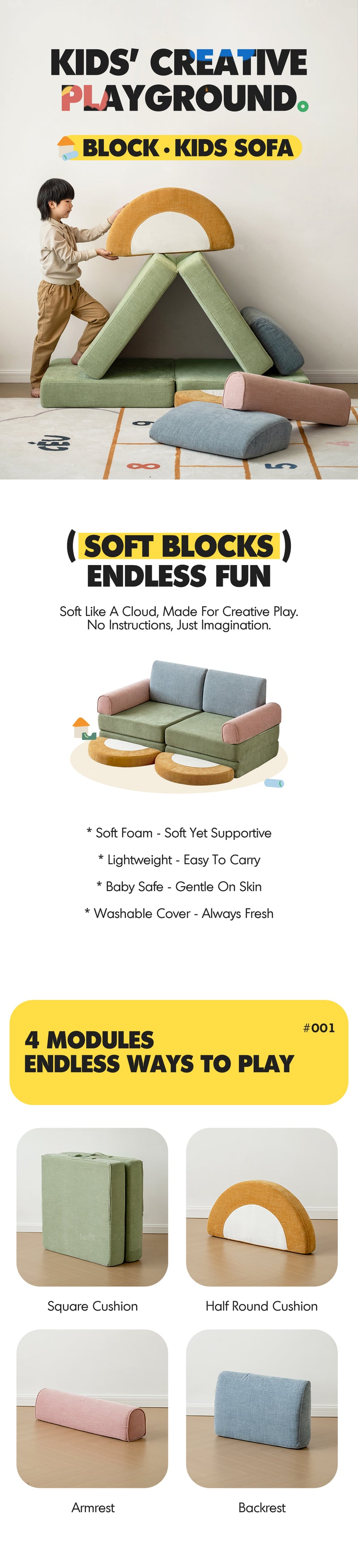 Contemporary Chenille Velvet Fabric Kids Modular Sofa BLOCK More Details and Instruction