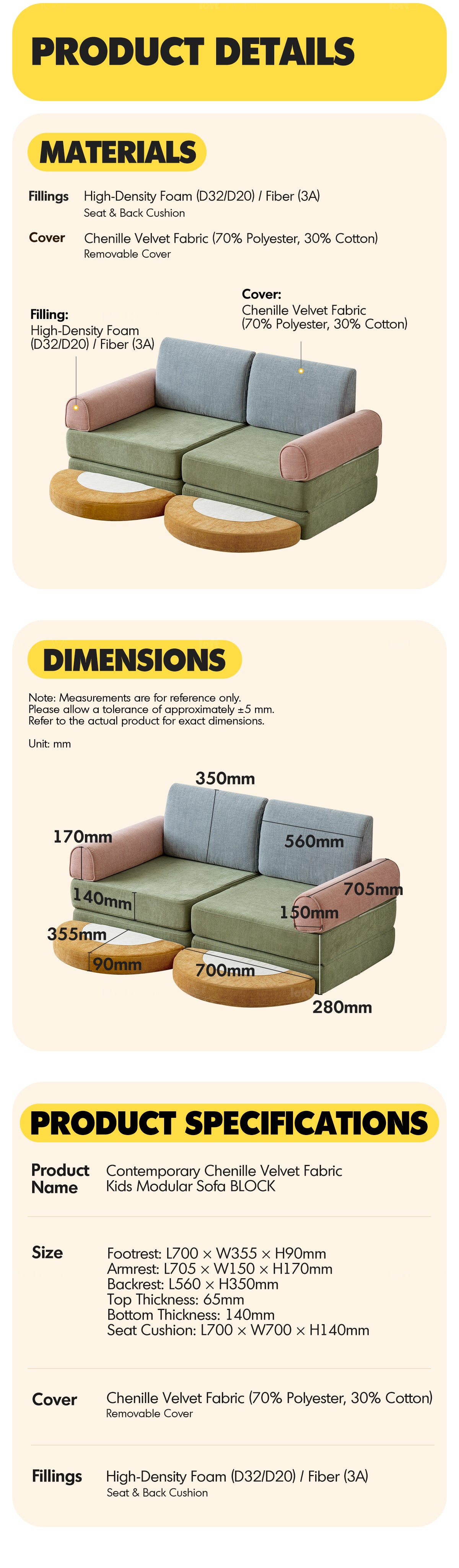 Bauhaus Chenille Velvet Fabric Kids Modular Sofa BLOCK More Details and Instruction_5