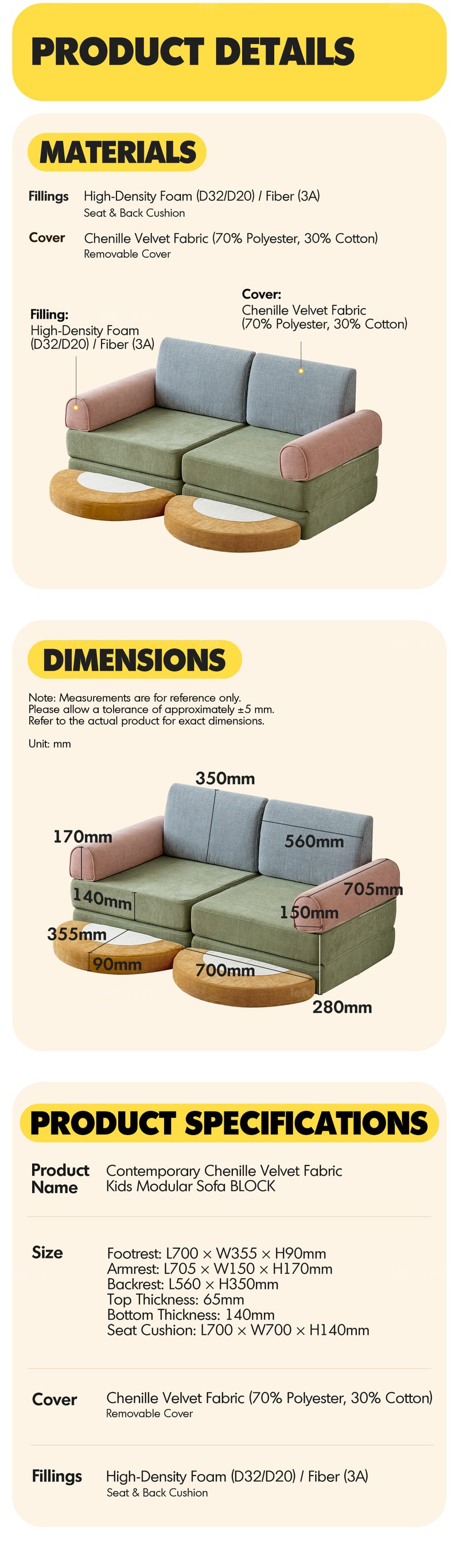 Contemporary Chenille Velvet Fabric Kids Modular Sofa BLOCK More Details and Instruction_5