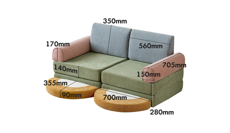 Contemporary Chenille Velvet Fabric Kids Modular Sofa BLOCK Size Chart