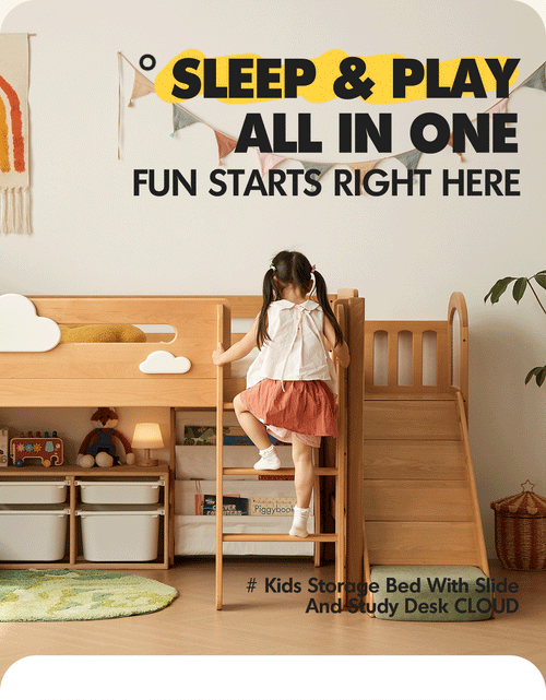 Scandinavian Beech Wood Kids Storage Bed With Slide And Study Desk CLOUD Good to Know Preview-1