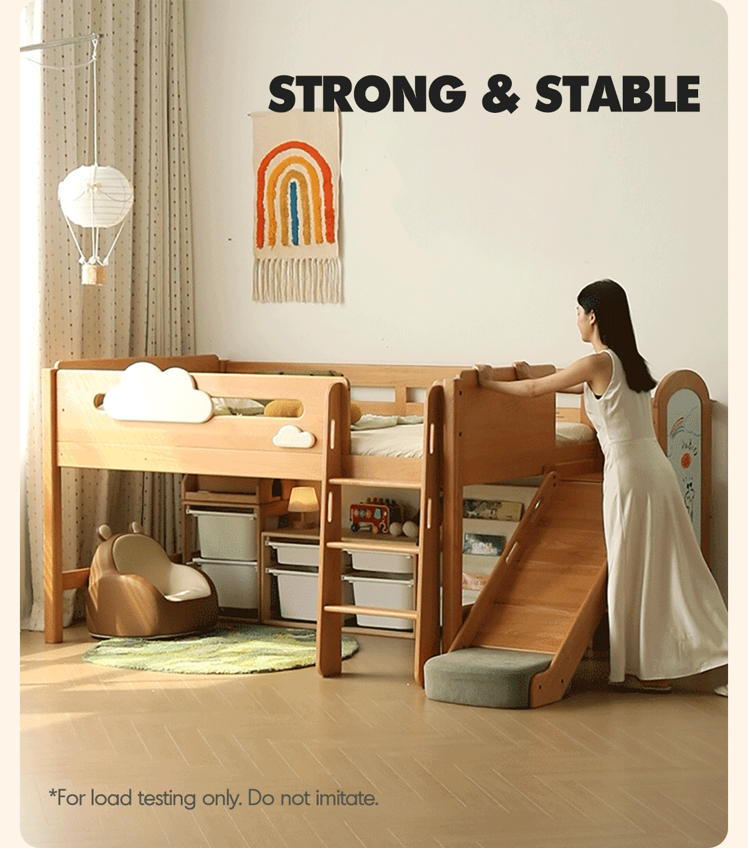 Scandinavian beech wood kids storage bed with slide and study desk cloud in details.