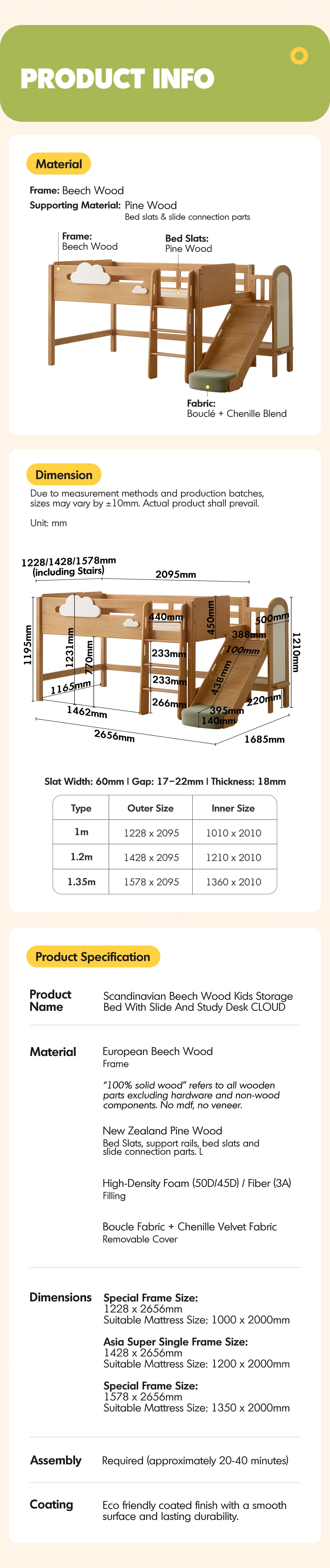 Scandinavian Beech Wood Kids Storage Bed With Slide And Study Desk CLOUD More Details and Instruction_9