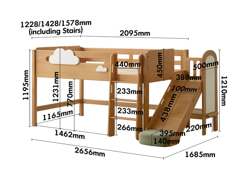 Scandinavian Beech Wood Kids Storage Bed With Slide And Study Desk CLOUD Size Chart
