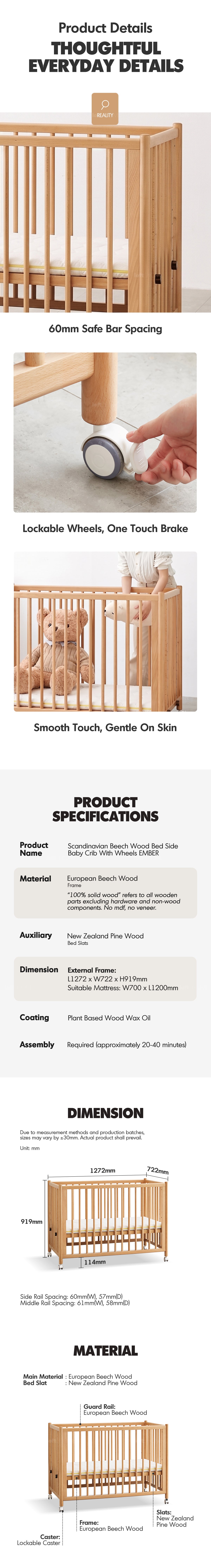 Scandinavian Beech Wood Bed Side Baby Crib With Wheels EMBER Good to Know - 3