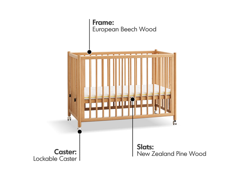 Scandinavian Beech Wood Bed Side Baby Crib With Wheels EMBER Material Details Chart