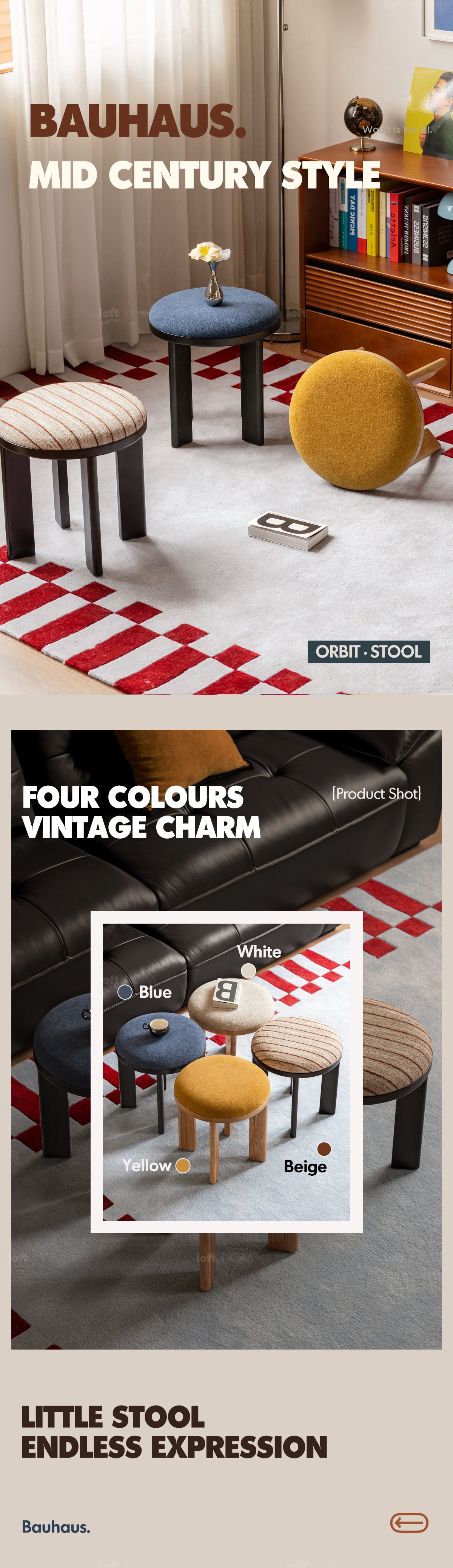 Bauhaus Ash Wood Boucle Fabric Stool ORBIT More Details and Instruction