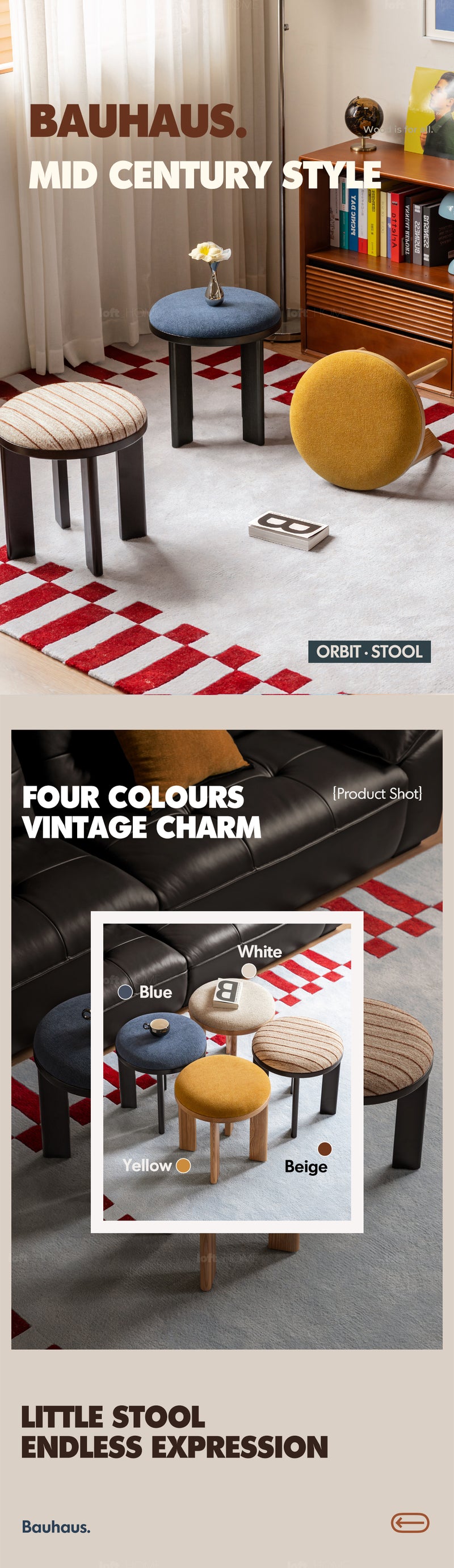 Bauhaus Ash Wood Boucle Fabric Stool ORBIT More Details and Instruction