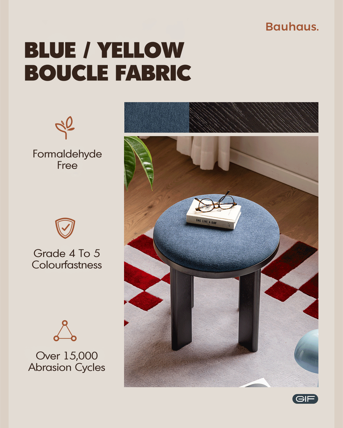 Bauhaus ash wood boucle fabric stool orbit color swatches.