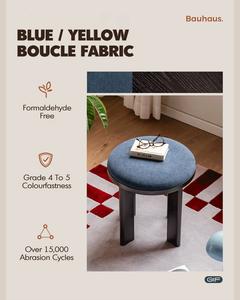 Bauhaus ash wood boucle fabric stool orbit color swatches.