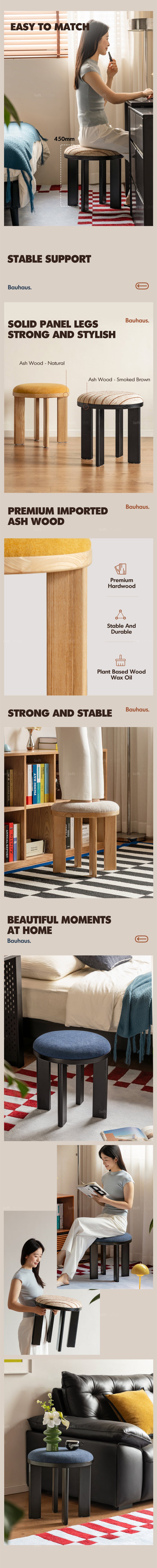 Bauhaus Ash Wood Boucle Fabric Stool ORBIT More Details and Instruction_8
