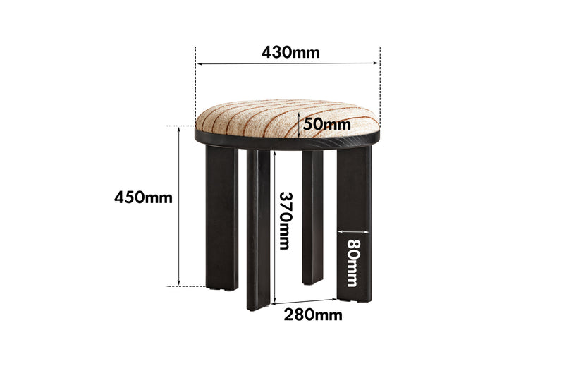 Bauhaus Ash Wood Boucle Fabric Stool ORBIT Size Chart