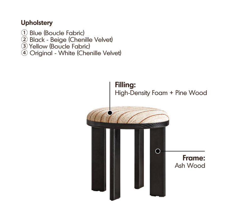 Bauhaus Ash Wood Boucle Fabric Stool ORBIT Material Details Chart