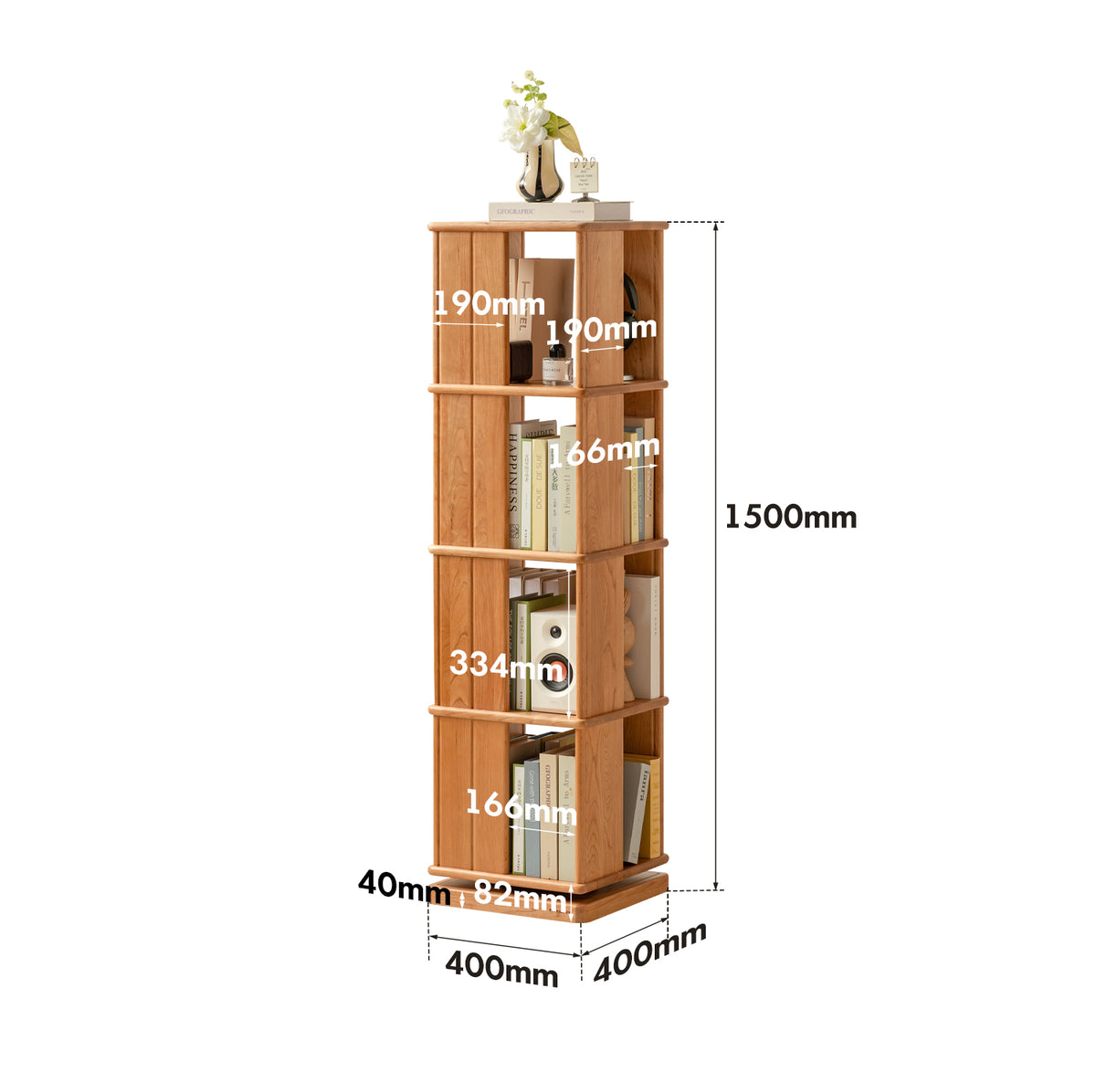 Scandinavian Cherry Wood Revolving Bookshelf ROTTERDAM Size Chart