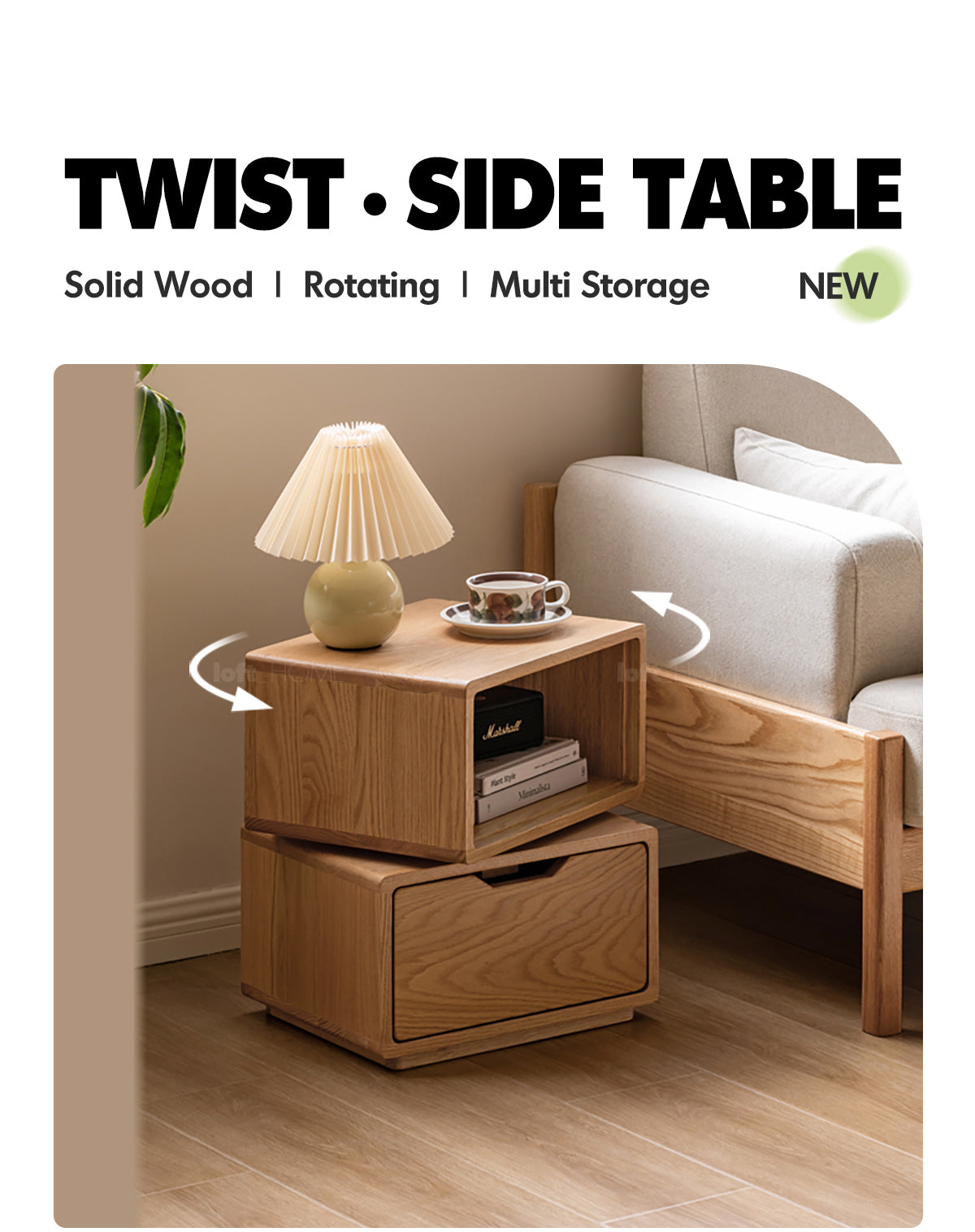 Scandinavian Oak Wood Revolving Side Table TWIST More Details and Instruction