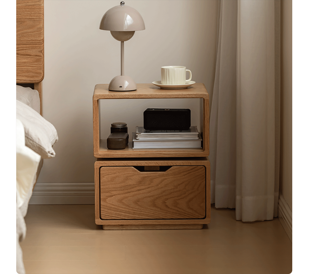 Scandinavian oak wood revolving side table twist in details.